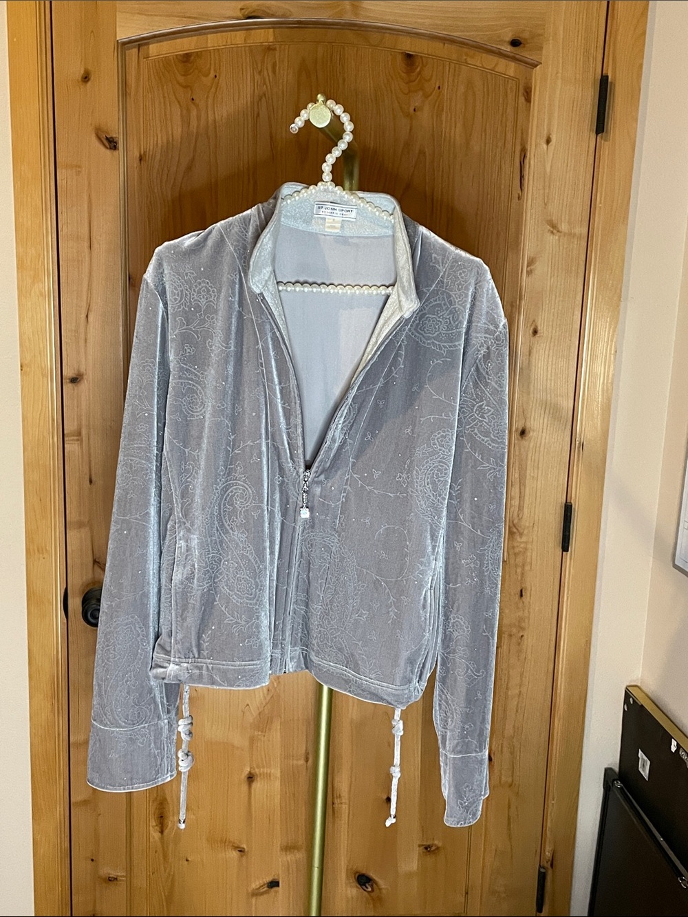 St. John Sport by Marie Gray Light Gray Velvet Zip-Front Bomber Jacket Size M